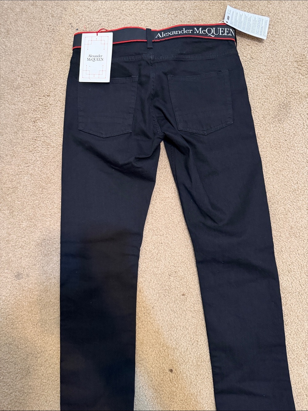 Brand New Alexander McQueen Men's Black Skinny Jeans with Branded Waistband Trim